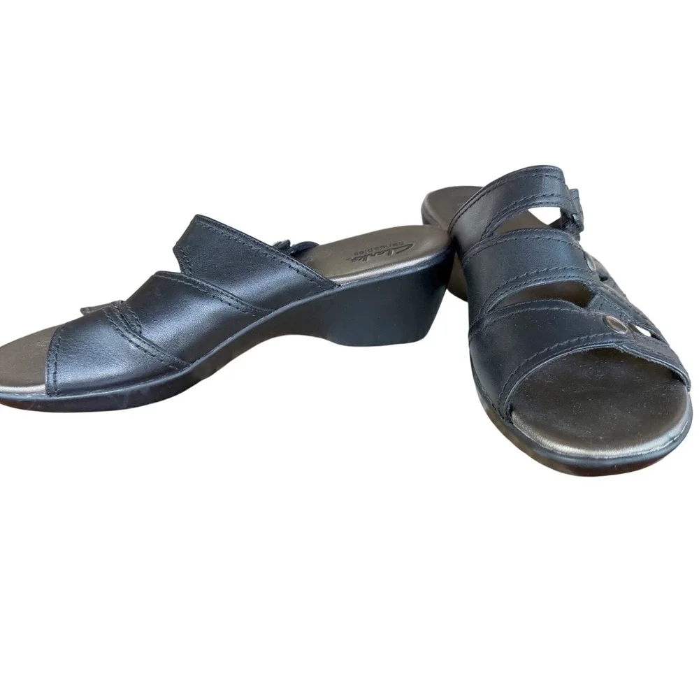 Clarks Bendables Black Leather Wedge Slide Sandals Womens 9.5‎ M comfort